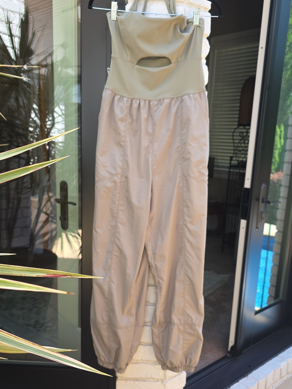 We The Free Olive and Beige Strapless Jogger Jumpsuit
